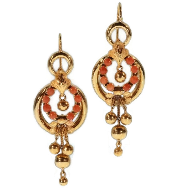 Coral gold Victorian dangle earrings French wire
